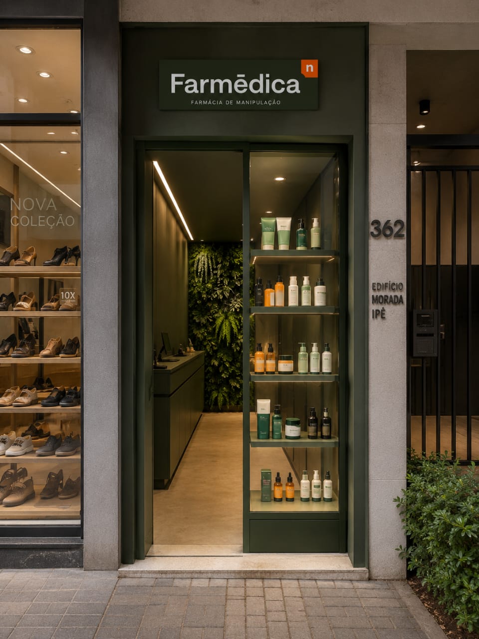 Vitrine de uma unidade Farmēdicaⁿ dentro de um espaço compartilhado
